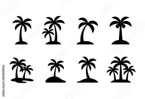 Palm tree solid icons — tropical island, beach, and coconut tree silhouettes — stock vector.
