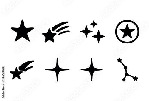 Star shapes solid icons — shooting star, sparkle, constellation — stock vector.