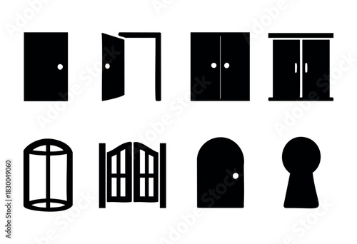 Door types solid icons — open, closed, revolving, and saloon doors — stock vector.