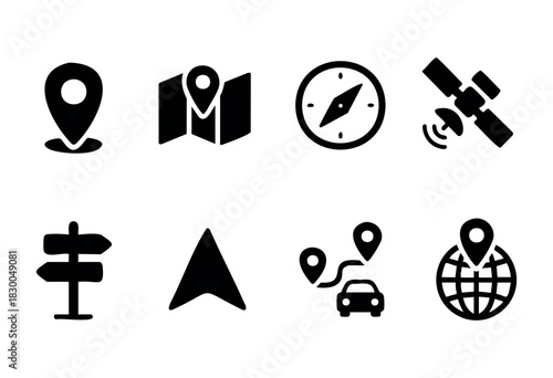 Map and navigation solid icons — location pin, compass, GPS, route — stock vector.