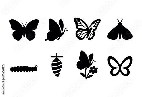 Butterfly, moth, and caterpillar solid icons — monarch butterfly, cocoon, life cycle stages — stock vector.