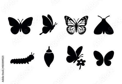 Butterfly, moth, and caterpillar solid icons — monarch butterfly, cocoon, life cycle stages — stock vector.