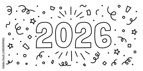 New Year 2026 celebration illustration with bold 2026 numerals confetti doodles stars streamers holiday decoration elements conveying festive mood Christmas and New Year theme in playful style