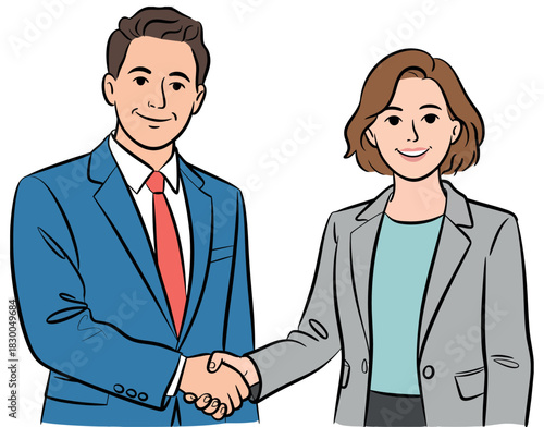 A man and a woman in business attire shake hands in agreement.
