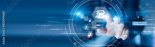 Businessman touching the agenda interface and strategic planning board. Task alignment, schedule tracking, business priorities and workflow organization.