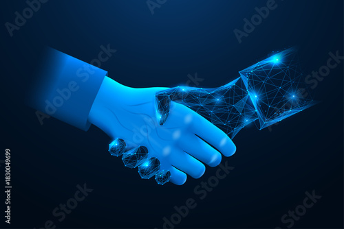 The handshake of a person with digital artificial intelligence. The concept of human-technology cooperation, trust, digital partnership and the future. Polygonal design, blue background.