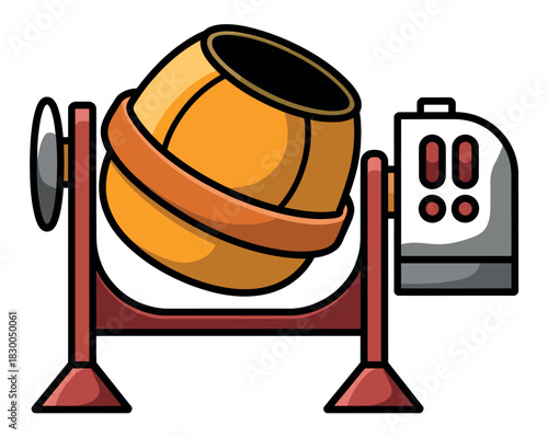 A concrete mixer machine stands ready for use in construction.