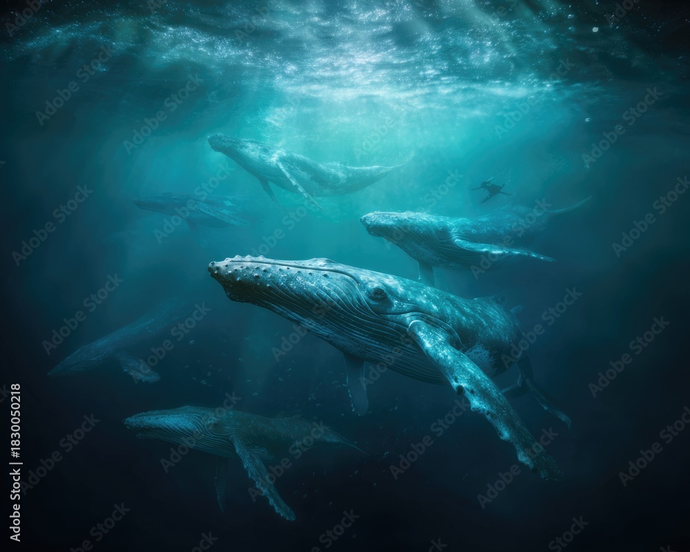 Fototapeta premium A panoramic underwater view reveals whales moving in unison. Serenity, freedom, and the expansive marine environment.