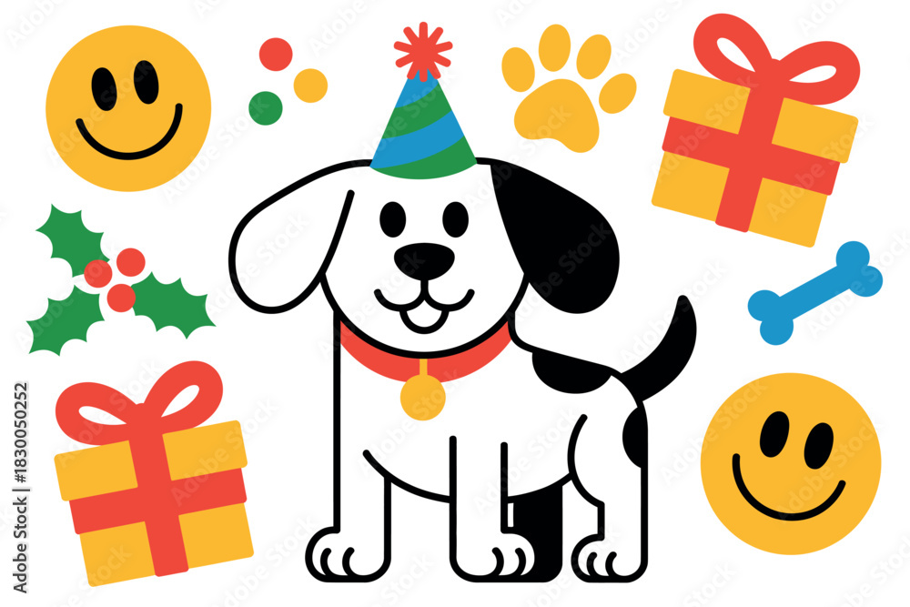 Obraz premium A cheerful dog wearing a party hat is surrounded by festive elements and gifts.