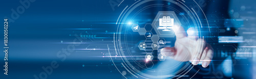 Quadro su tela Businessman touching the e-learning and virtual classes, online skills, digital