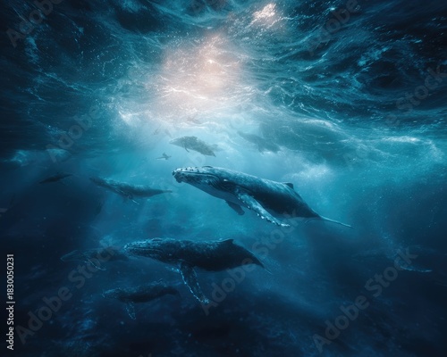 A panoramic underwater view reveals whales moving in unison. Serenity, freedom, and the expansive marine environment.