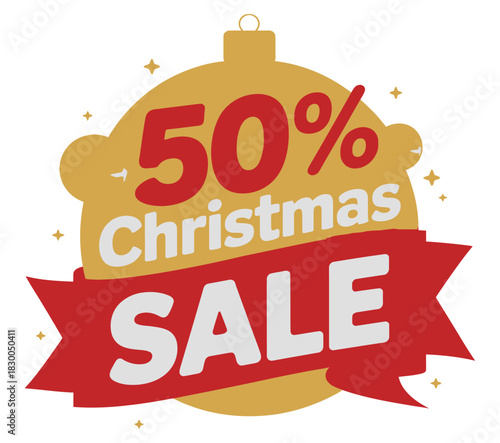 A golden Christmas ornament with a red ribbon announces a 50% sale.
