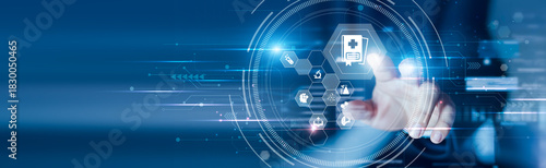 Businessman touching the medical education and digital learning, clinical knowledge, training modules, health research, smart tools, professional development