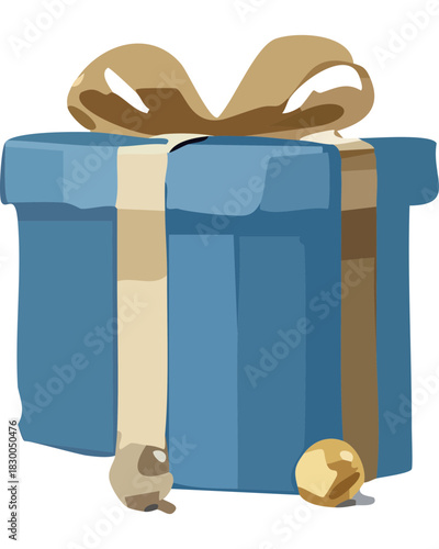 blue gift box illustration with golden ribbon and festive bow