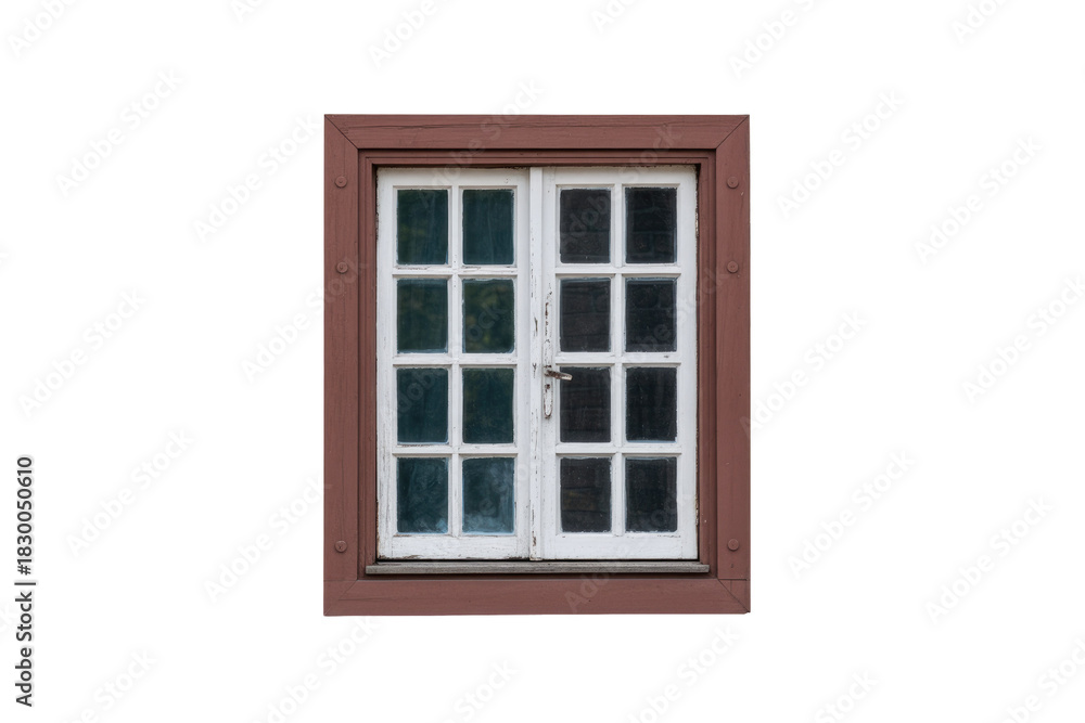 Obraz premium An old double-sash window with a rustic brown frame and white sashes, featuring multiple glass panes, isolated on a transparent background. background removed