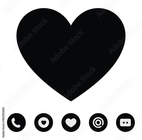 A black heart icon is displayed above a row of five circular icons.