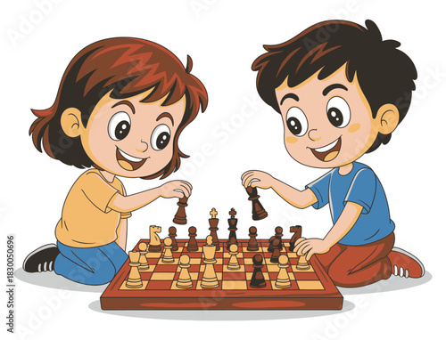 Two children are happily playing a game of chess on a wooden board.