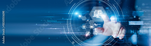 Businessman touching the web development and coding interfaces, UI design, responsive pages, digital frameworks, site creation, modern platforms