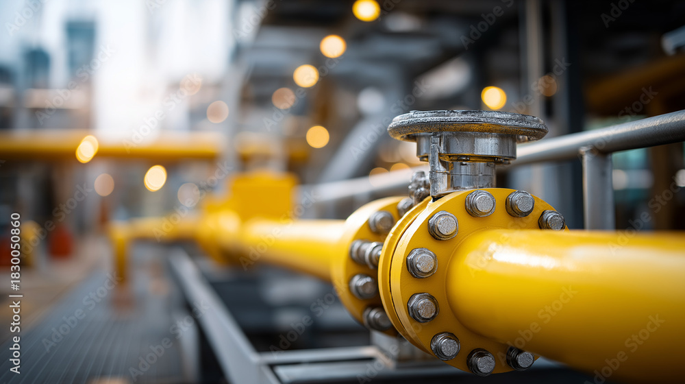 Fototapeta premium Close up industrial bright yellow petroleum pipeline with defocused structure blurred background offshore facility piping infrastructure detail energy sector equipment close up