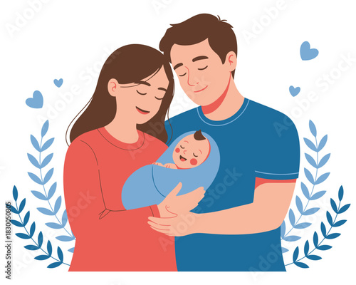 A loving family embraces their newborn baby with joy and affection.