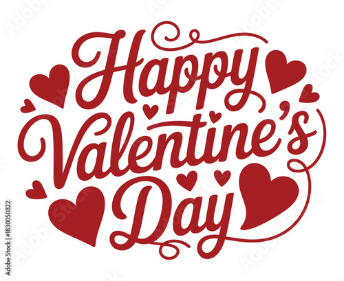 Happy Valentine's Day calligraphy with heart shapes and swirls on a white background.