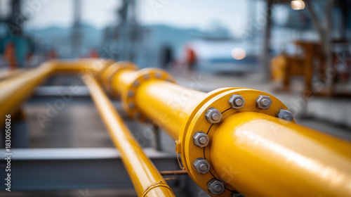 Close up industrial bright yellow petroleum pipeline with defocused structure blurred background offshore facility piping infrastructure detail energy sector equipment close up
