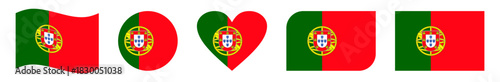Vibrant collection of five Portugal national flag vector icons featuring waving, circular, heart-shaped, and rectangular designs, symbolizing patriotism, culture, and national pride