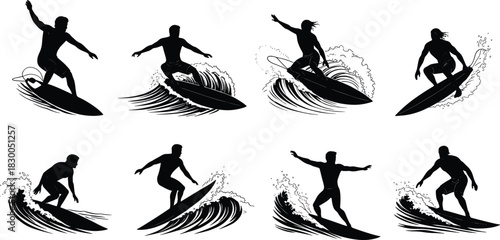 Surfer silhouette illustration set, wave riding poses, water sport icons, dynamic motion vector, beach activity graphic design bundle