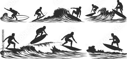 Surfer silhouette illustration set, wave riding poses, water sport icons, ocean motion vector bundle, beach activity graphic collection