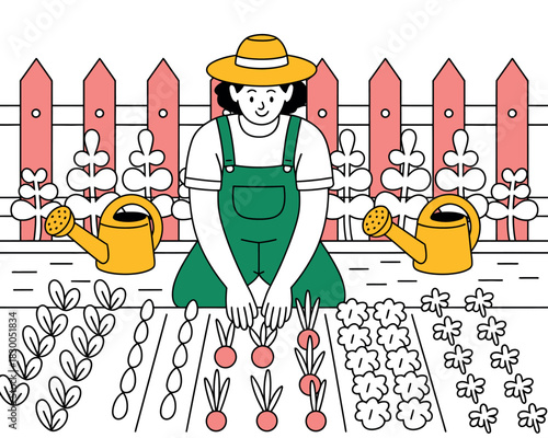 Joyful gardener tending to rows of fresh vegetables in a sunny backyard garden.