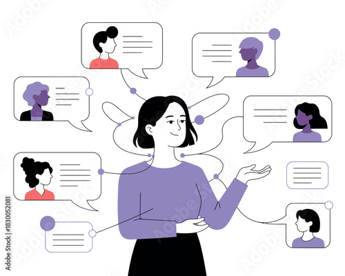 Woman communicating with diverse group through digital messages, symbolizing connection and collaboration.
