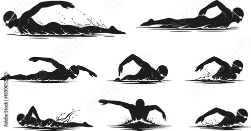 Swimming stroke silhouette set, freestyle breaststroke butterfly poses, water sport icons, swimmer motion vector graphic design bundle