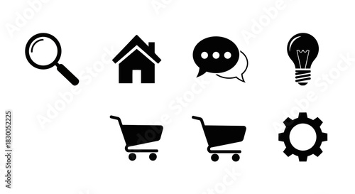 Minimalist icon set: magnifying glass, house, chat, bulb, shopping cart, gear
