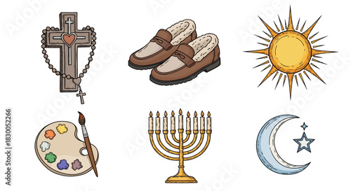 Diverse cultural symbols featuring religious, fashion, and art elements in a charming cartoon style