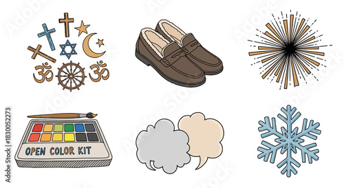 Diverse symbols and objects in cartoon style including religious icons and everyday items