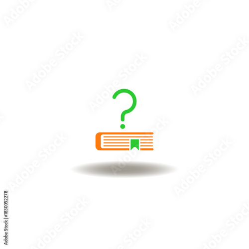 Vector illustration of question mark with book. Symbol of think different. Icon of FAQ and guidance.