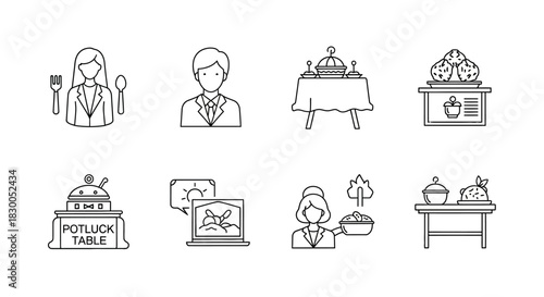 Elegant outline food and dining icons for culinary events and hospitality design