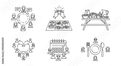 Linear icons for teamwork, dining themes, and social gatherings