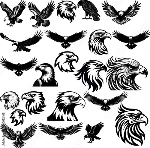 Collection of eagle silhouettes predatory raptor falcon isolated vector illustration