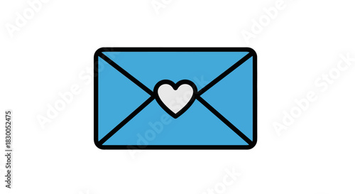 Blue email icon with heart symbol in flat cartoon style