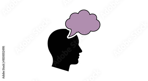Minimalist silhouette of head with purple thought bubble on white background
