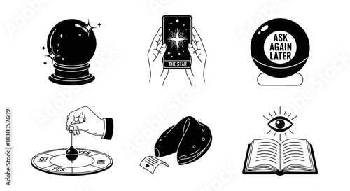 Mystical elements: tarot, pendulum, fortune cookie, and crystal ball in monochrome