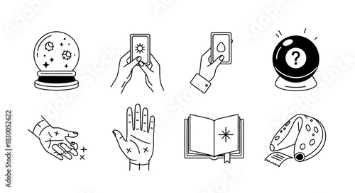 Mystical lineart icons: crystal ball, palmistry, tarot, fortune telling, horoscope