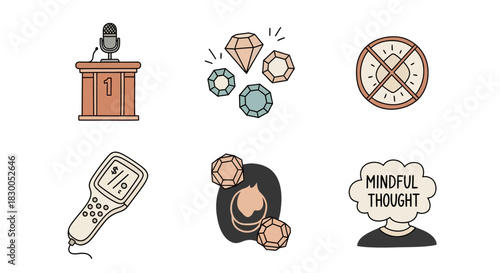 Retro style icons of public speaking, gems, no time symbol, evaluation, elements, mindful thought
