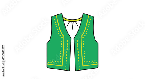 Colorful flat design folk dance vest with yellow stitching on green fabric