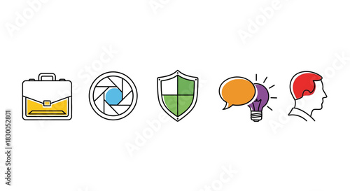 Colorful linear icons: business, media, security, communication, creativity
