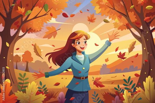 A sweet woman is having fun with fallen leaves in the autumn park. A beautiful woman throws autumn leaves in the air at sunset. Seasonal concept, ... show more.