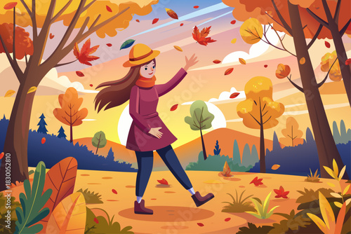 A sweet woman is having fun with fallen leaves in the autumn park. A beautiful woman throws autumn leaves in the air at sunset. Seasonal concept, ... show more.
