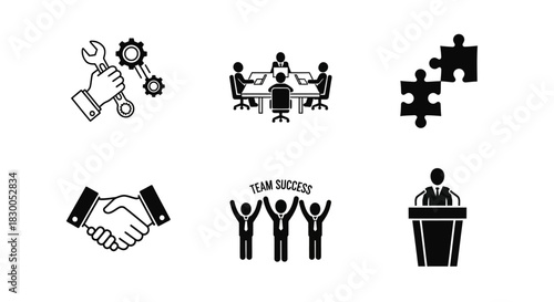 Business collaboration icons: teamwork, leadership, and success in monochrome
