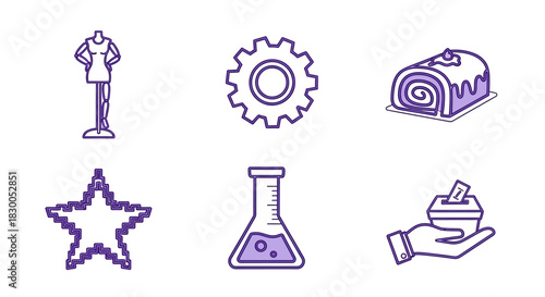 Purple outline icons: dress form, gear, cake, star, beaker, culture